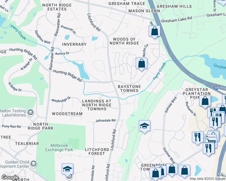 map of restaurants, bars, coffee shops, grocery stores, and more near 2215 Landings Way in Raleigh
