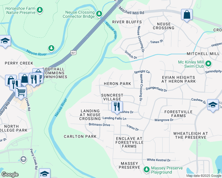 map of restaurants, bars, coffee shops, grocery stores, and more near 3032 Twatchman Drive in Raleigh
