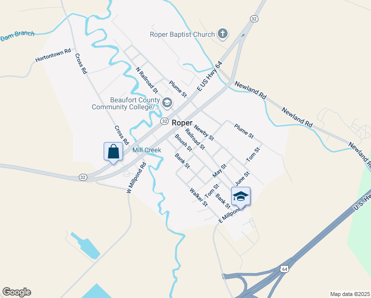 map of restaurants, bars, coffee shops, grocery stores, and more near 213 Boush Street in Roper