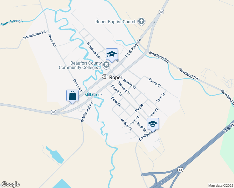map of restaurants, bars, coffee shops, grocery stores, and more near 213 Boush Street in Roper