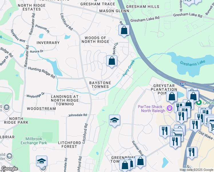 map of restaurants, bars, coffee shops, grocery stores, and more near 7224 Racine Way in Raleigh