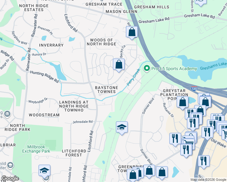 map of restaurants, bars, coffee shops, grocery stores, and more near 7224 Racine Way in Raleigh