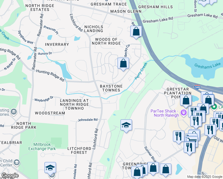 map of restaurants, bars, coffee shops, grocery stores, and more near 7008 Racine Way in Raleigh