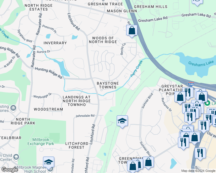 map of restaurants, bars, coffee shops, grocery stores, and more near 7008 Racine Way in Raleigh