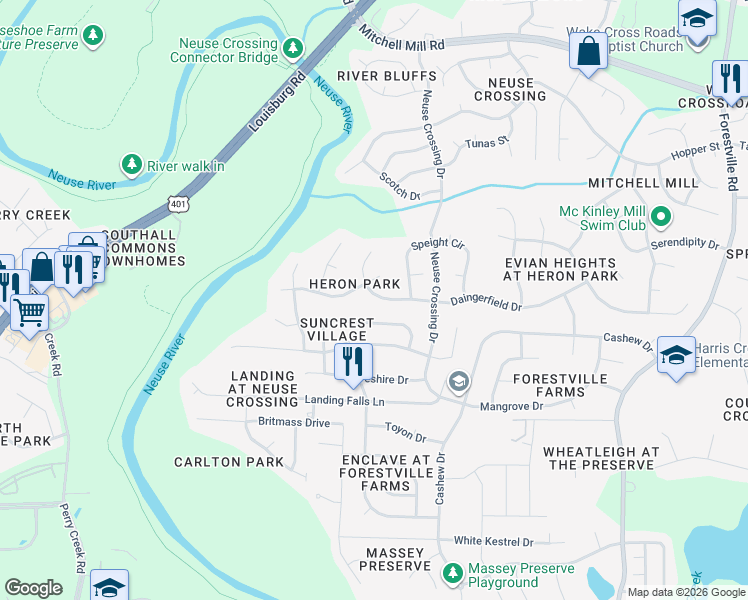 map of restaurants, bars, coffee shops, grocery stores, and more near 6503 Grassy Knoll Lane in Raleigh