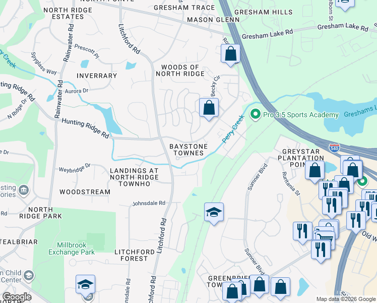 map of restaurants, bars, coffee shops, grocery stores, and more near 7142 Racine Way in Raleigh