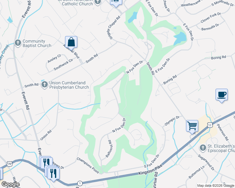 map of restaurants, bars, coffee shops, grocery stores, and more near 12146 North Fox Den Drive in Knoxville