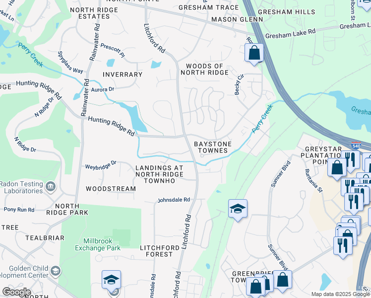 map of restaurants, bars, coffee shops, grocery stores, and more near 2215 Landings Way in Raleigh