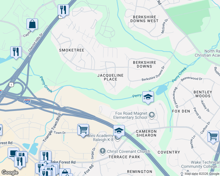 map of restaurants, bars, coffee shops, grocery stores, and more near 4109 Archibald Way in Raleigh