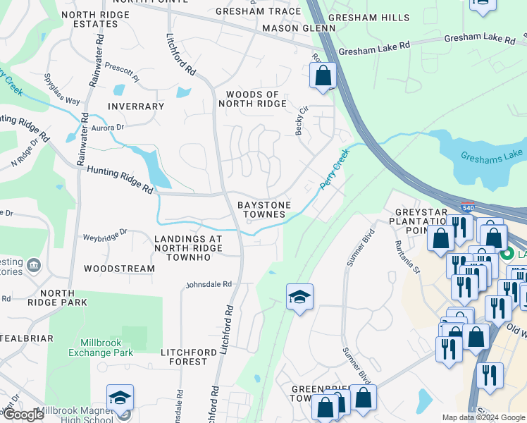 map of restaurants, bars, coffee shops, grocery stores, and more near 7010 Racine Way in Raleigh