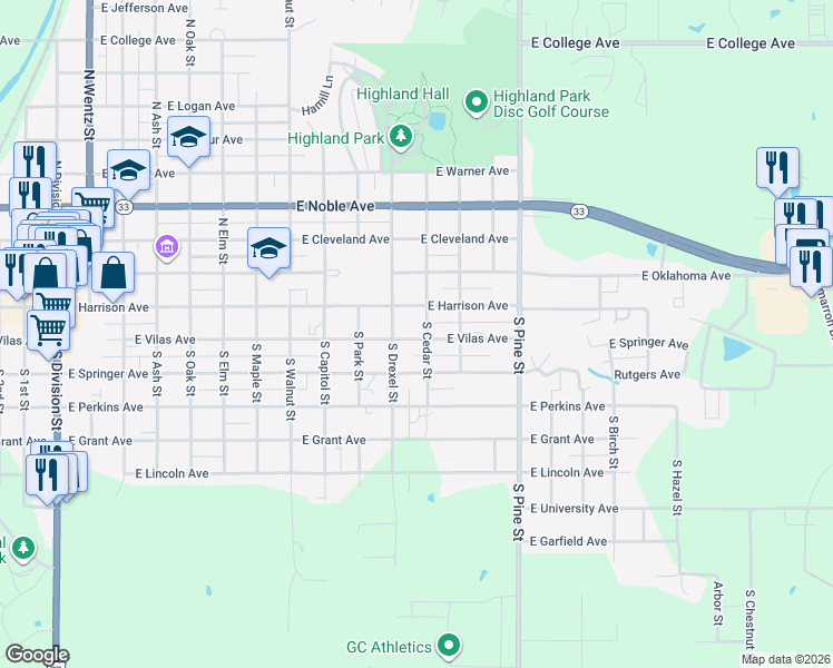 map of restaurants, bars, coffee shops, grocery stores, and more near 1123 East Vilas Avenue in Guthrie