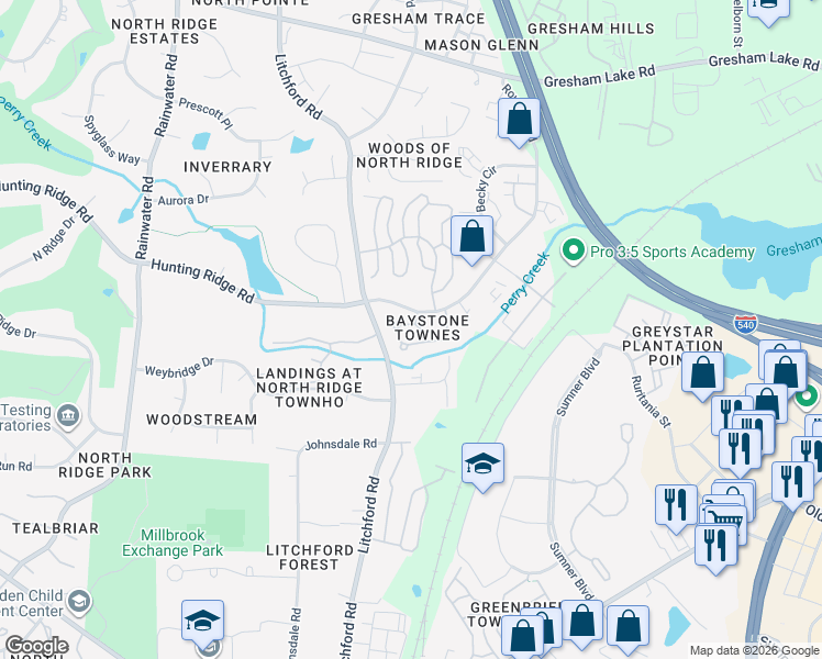 map of restaurants, bars, coffee shops, grocery stores, and more near 7142 Racine Way in Raleigh