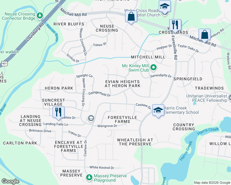map of restaurants, bars, coffee shops, grocery stores, and more near 3340 Daingerfield Drive in Raleigh