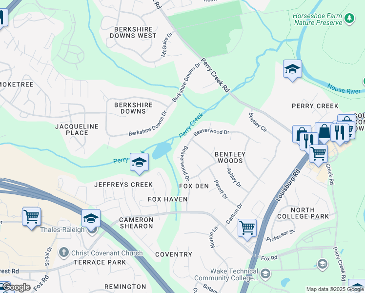map of restaurants, bars, coffee shops, grocery stores, and more near 7209 Vixen Court in Raleigh