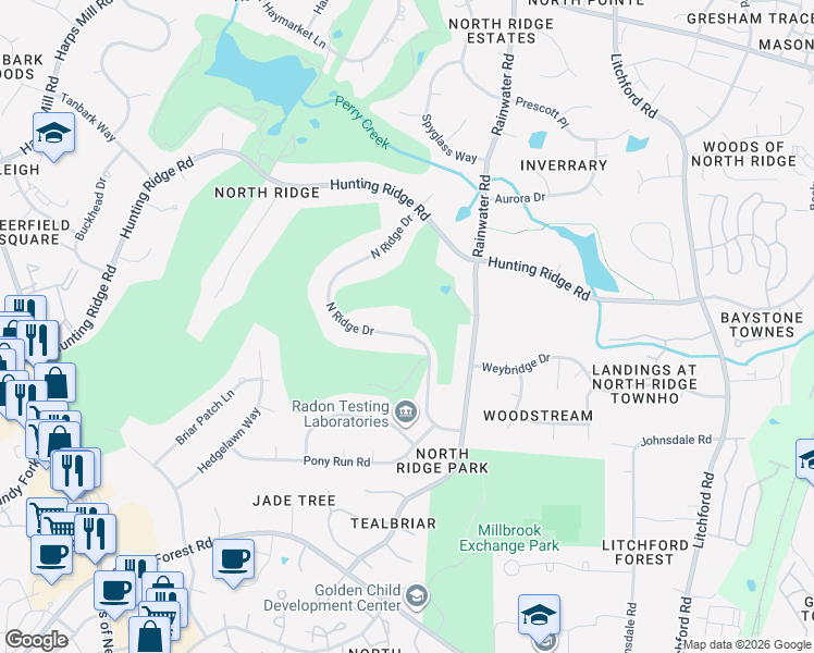 map of restaurants, bars, coffee shops, grocery stores, and more near 7001 North Ridge Drive in Raleigh