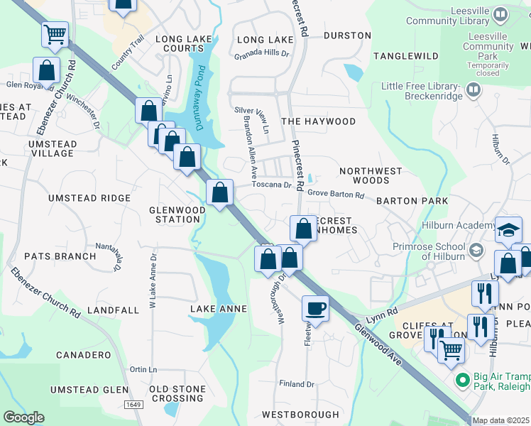 map of restaurants, bars, coffee shops, grocery stores, and more near 8117 Green Lantern Street in Raleigh