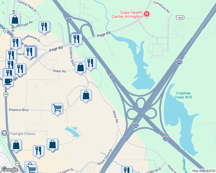 map of restaurants, bars, coffee shops, grocery stores, and more near Dan K Moore Freeway in Morrisville