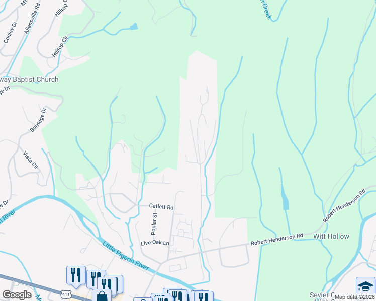 map of restaurants, bars, coffee shops, grocery stores, and more near 600 Cedar Hill Drive in Sevierville
