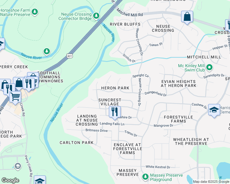 map of restaurants, bars, coffee shops, grocery stores, and more near 3100 Twatchman Drive in Raleigh