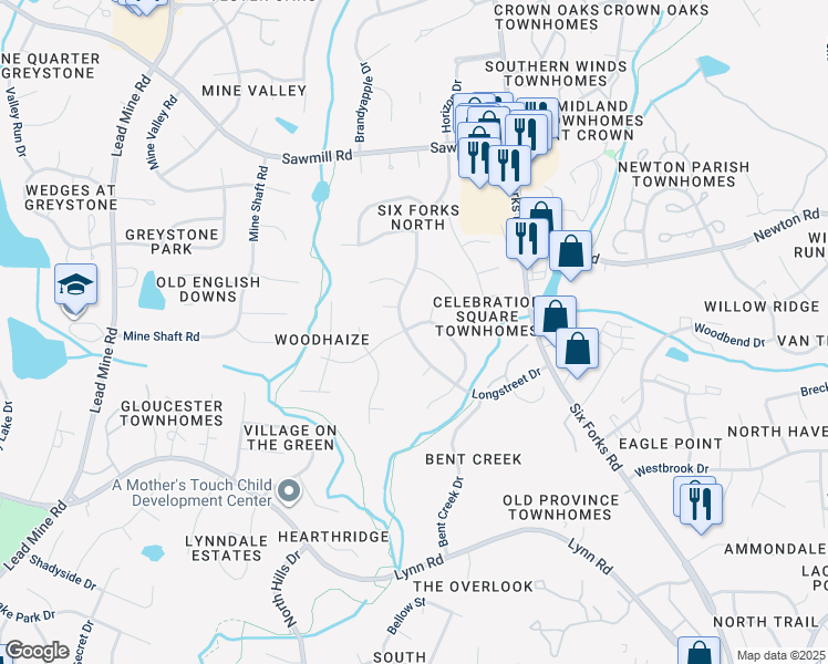 map of restaurants, bars, coffee shops, grocery stores, and more near 7324 Longstreet Drive in Raleigh