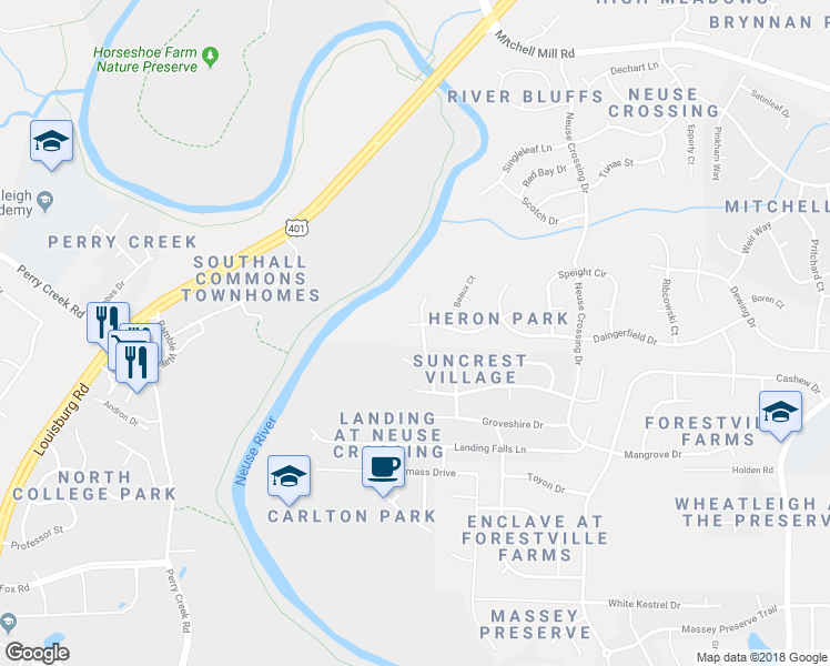 map of restaurants, bars, coffee shops, grocery stores, and more near 3241 Duveneck Drive in Raleigh
