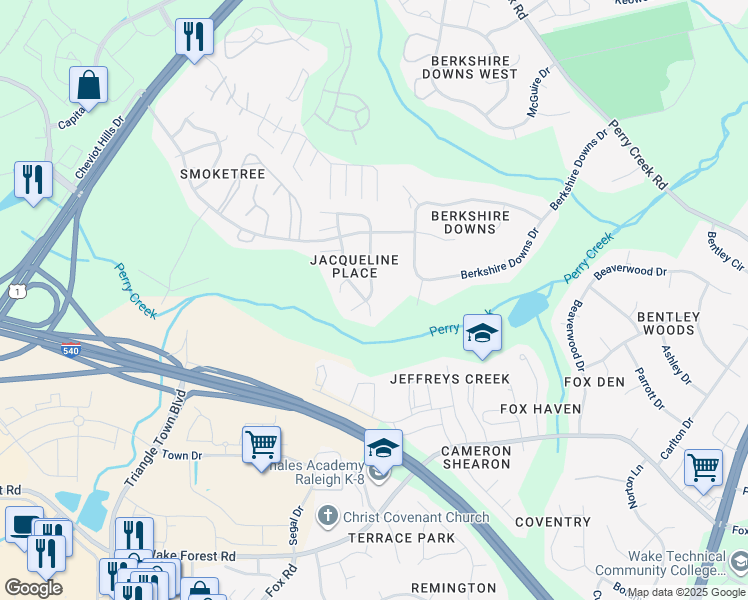 map of restaurants, bars, coffee shops, grocery stores, and more near 4216 Wolftrap Road in Raleigh