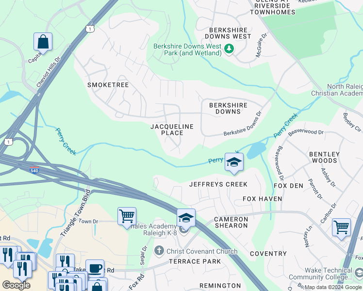 map of restaurants, bars, coffee shops, grocery stores, and more near 4216 Wolftrap Road in Raleigh