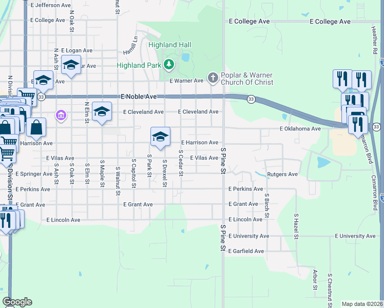map of restaurants, bars, coffee shops, grocery stores, and more near 1223 East Vilas Avenue in Guthrie