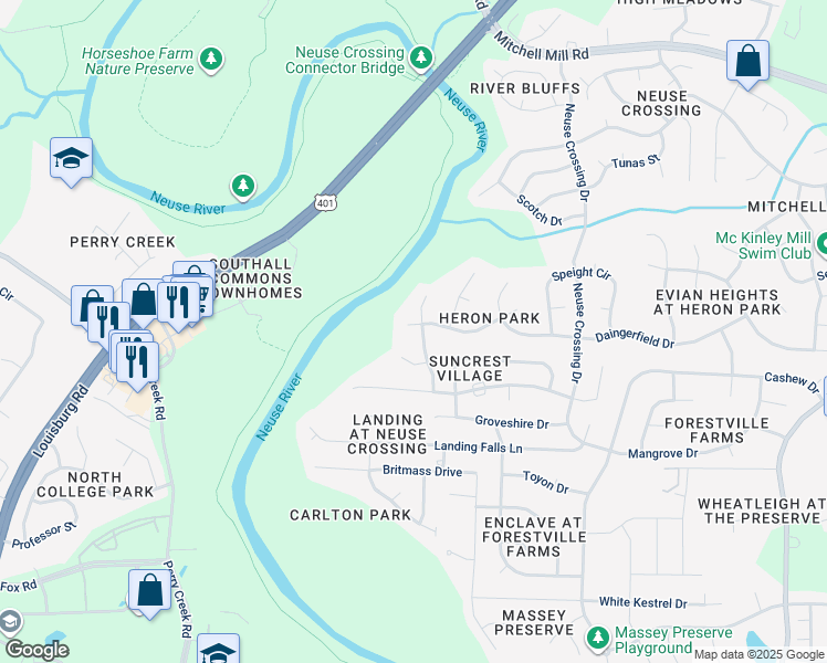 map of restaurants, bars, coffee shops, grocery stores, and more near 3241 Duveneck Drive in Raleigh