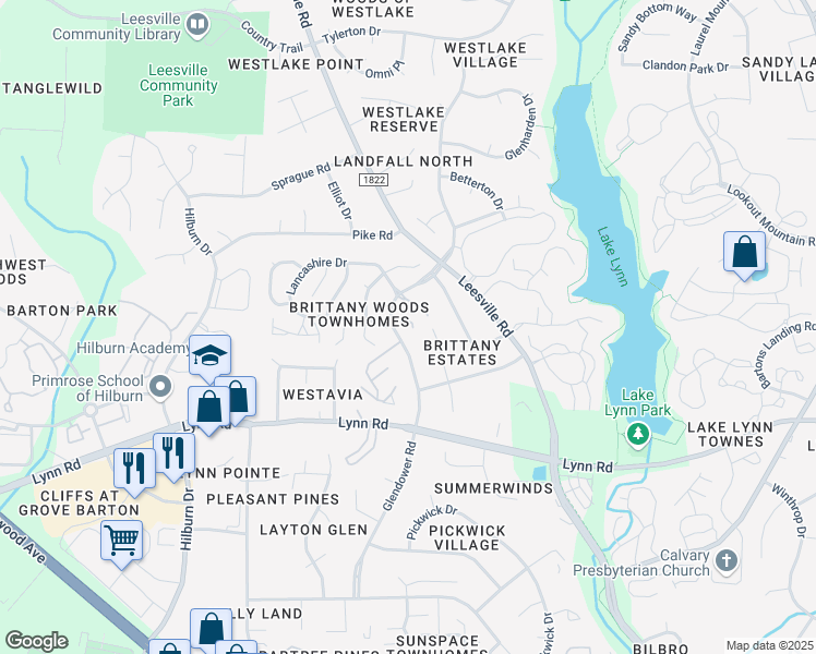 map of restaurants, bars, coffee shops, grocery stores, and more near 4409 Tetbury Place in Raleigh