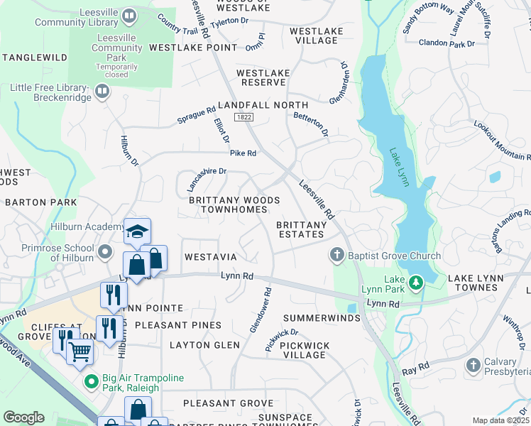 map of restaurants, bars, coffee shops, grocery stores, and more near 4409 Tetbury Place in Raleigh