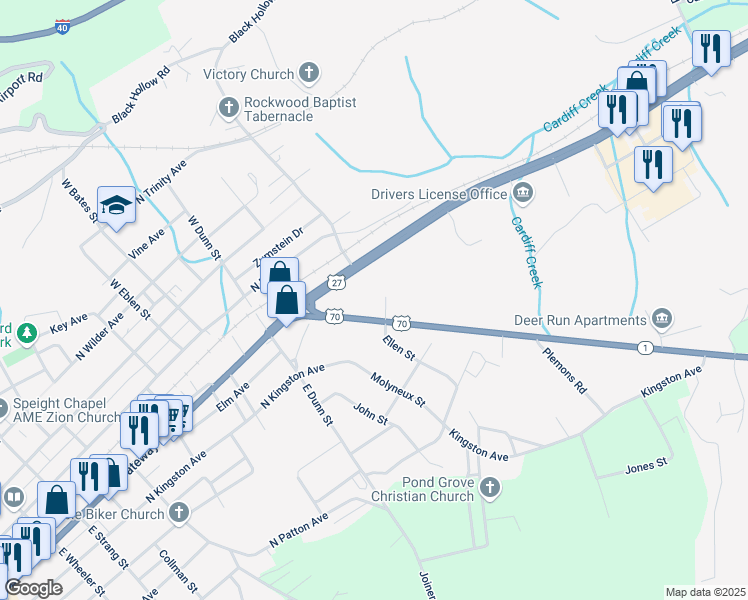 map of restaurants, bars, coffee shops, grocery stores, and more near 5580 Roane State Highway in Rockwood