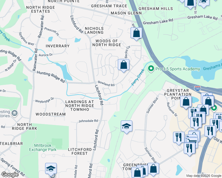 map of restaurants, bars, coffee shops, grocery stores, and more near 7030 Racine Way in Raleigh