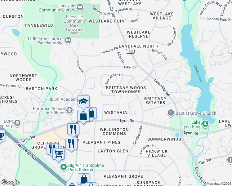 map of restaurants, bars, coffee shops, grocery stores, and more near 5021 Lancashire Drive in Raleigh