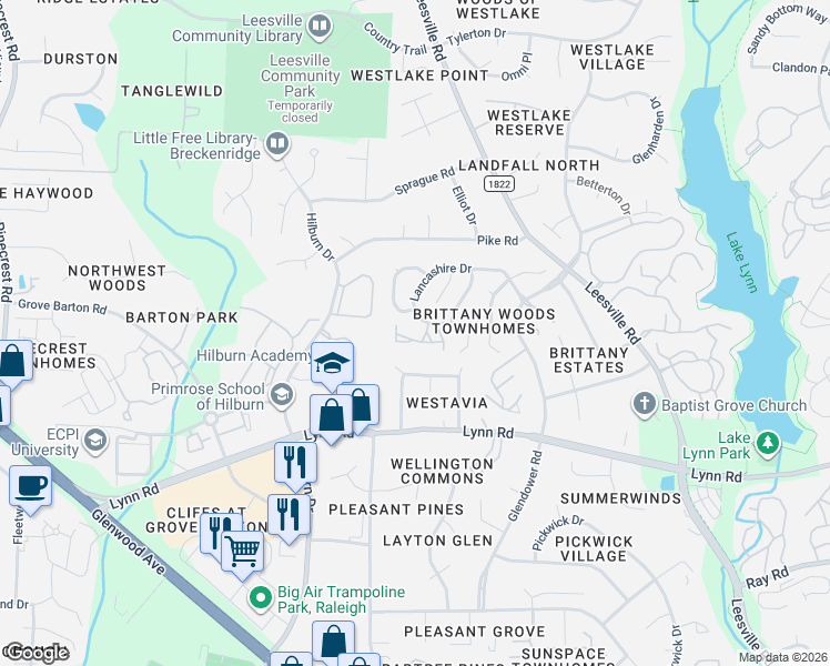 map of restaurants, bars, coffee shops, grocery stores, and more near 5001 Lancashire Drive in Raleigh