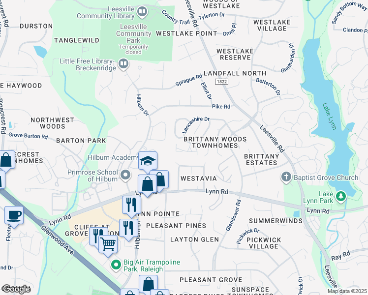 map of restaurants, bars, coffee shops, grocery stores, and more near 7015 Epping Forest Drive in Raleigh