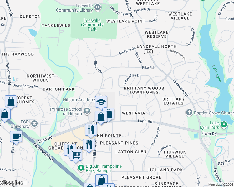 map of restaurants, bars, coffee shops, grocery stores, and more near 7117 Kinross Drive in Raleigh