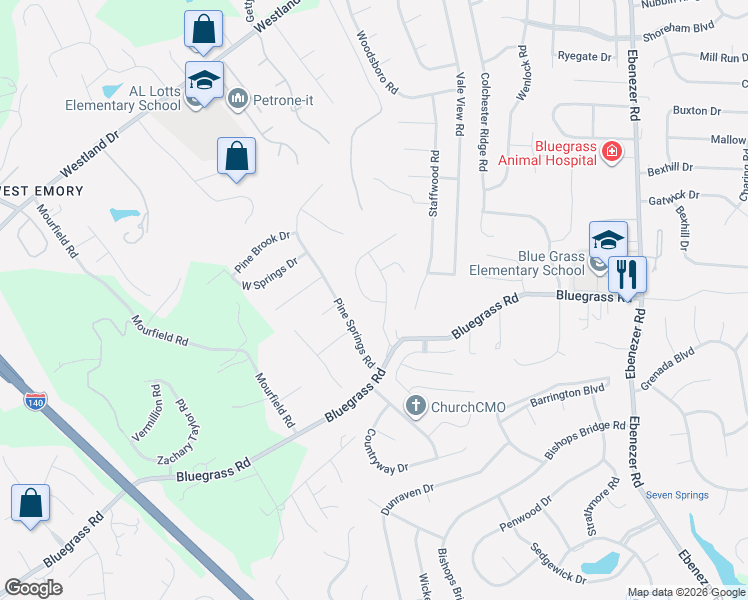 map of restaurants, bars, coffee shops, grocery stores, and more near 9127 Bluegrass Road in Knoxville