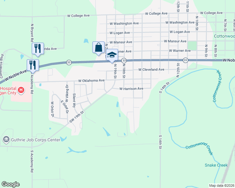 map of restaurants, bars, coffee shops, grocery stores, and more near 1918 West Harrison Avenue in Guthrie