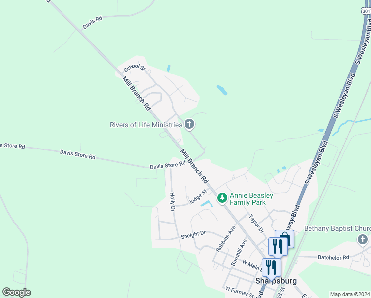 map of restaurants, bars, coffee shops, grocery stores, and more near 9268 Mill Branch Road in Rocky Mount