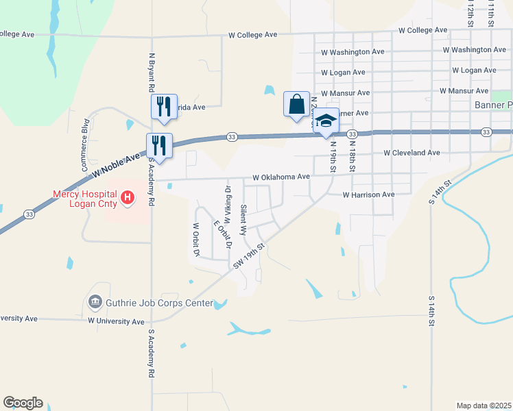 map of restaurants, bars, coffee shops, grocery stores, and more near 106 Autumn Street in Guthrie