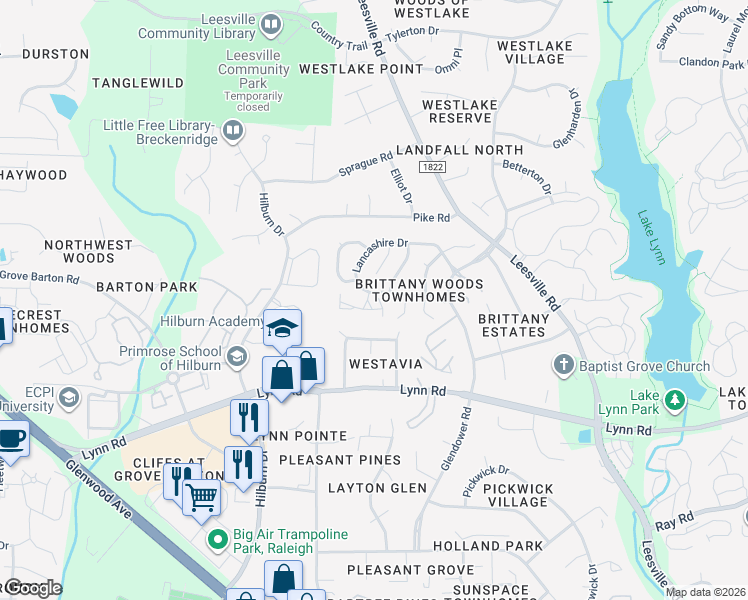 map of restaurants, bars, coffee shops, grocery stores, and more near 5001 Lancashire Drive in Raleigh