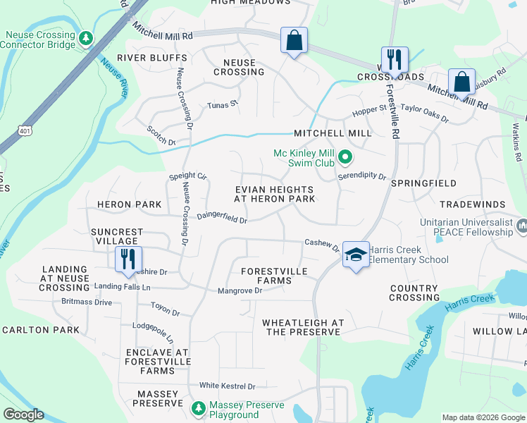 map of restaurants, bars, coffee shops, grocery stores, and more near 3400 Kensett Way in Raleigh