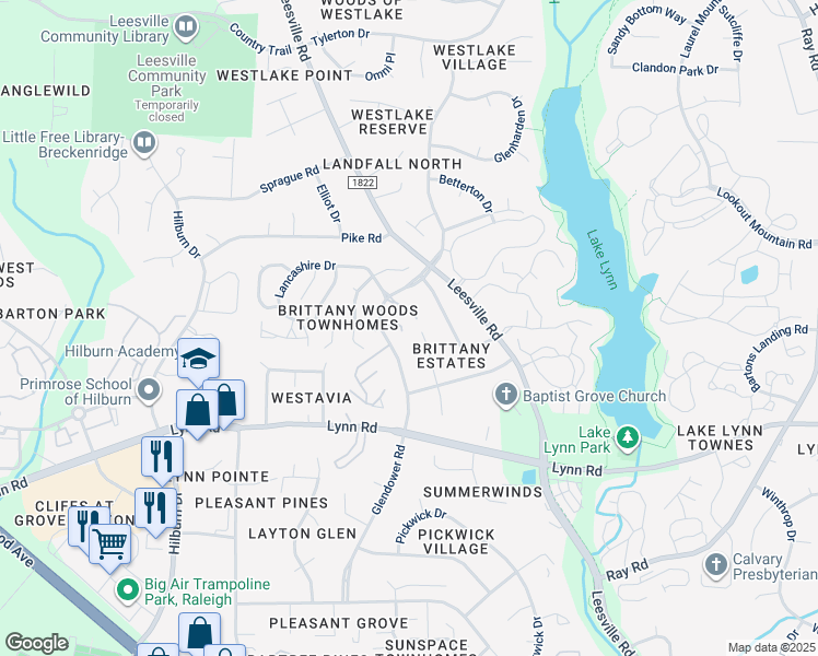 map of restaurants, bars, coffee shops, grocery stores, and more near 4404 Tetbury Place in Raleigh