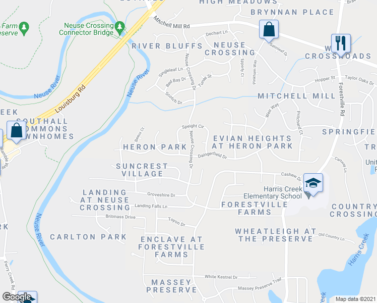 map of restaurants, bars, coffee shops, grocery stores, and more near 3300 Nunamaker Court in Raleigh