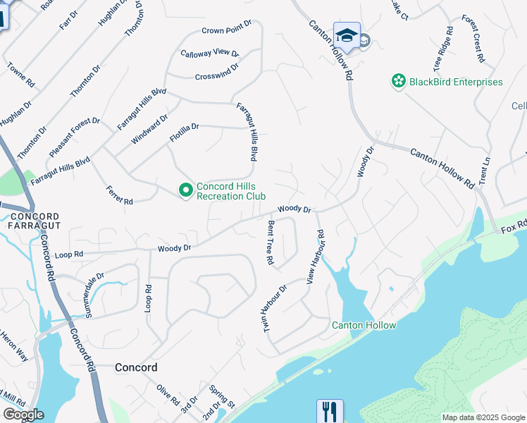 map of restaurants, bars, coffee shops, grocery stores, and more near 10911 Woody Drive in Knoxville