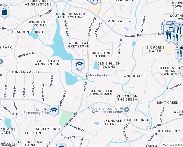 map of restaurants, bars, coffee shops, grocery stores, and more near 7205 Mine Shaft Road in Raleigh