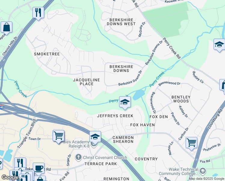 map of restaurants, bars, coffee shops, grocery stores, and more near 7336 Berkshire Downs Drive in Raleigh