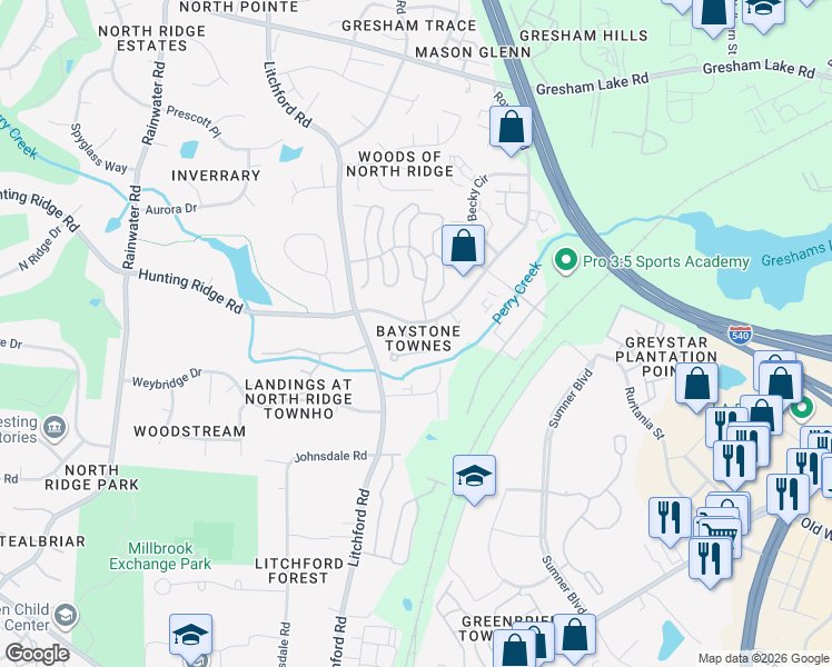 map of restaurants, bars, coffee shops, grocery stores, and more near 7030 Racine Way in Raleigh