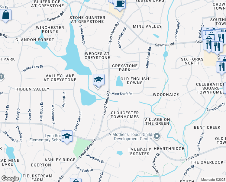 map of restaurants, bars, coffee shops, grocery stores, and more near 7205 Mine Shaft Road in Raleigh